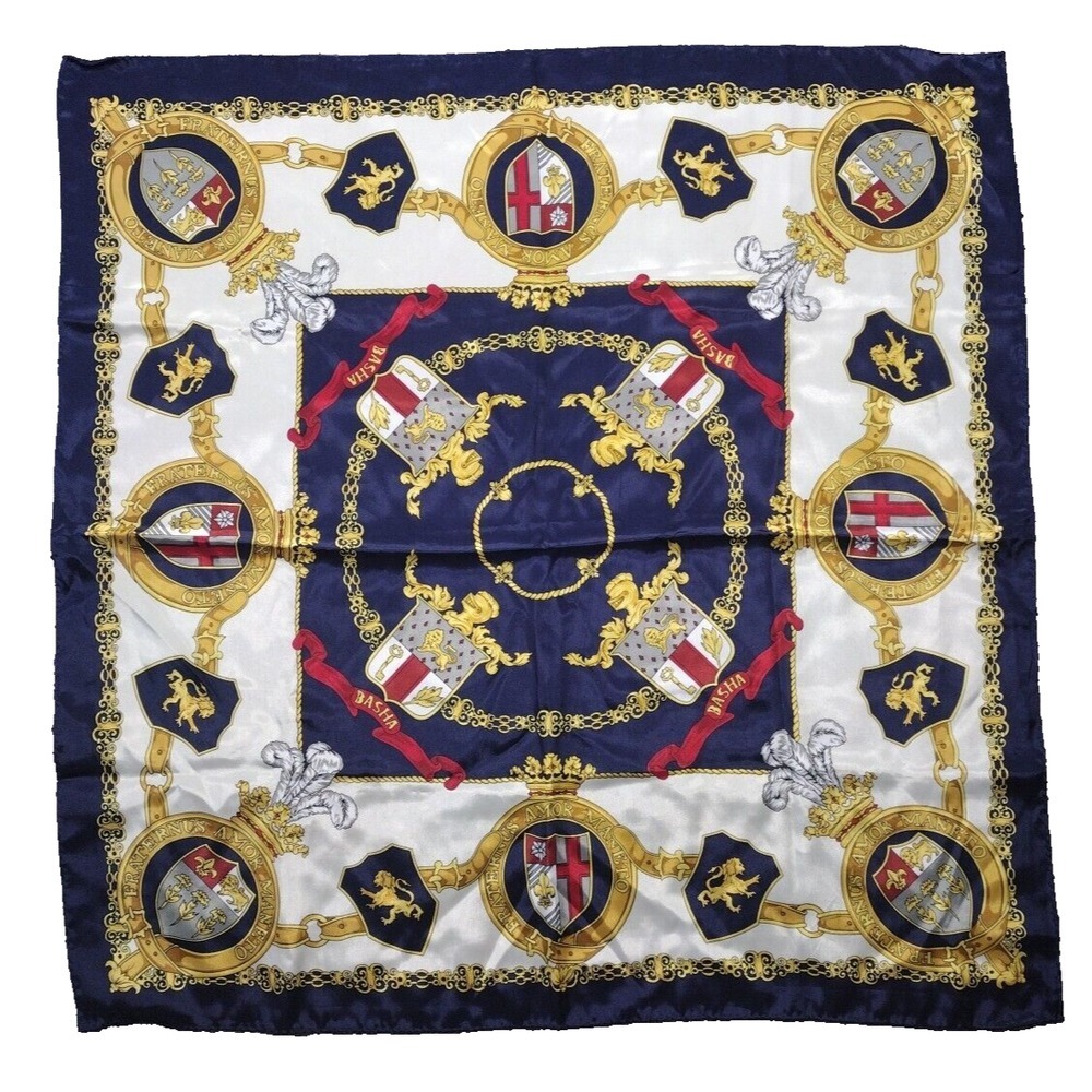 Basha Vintage Heraldic Print Scarf Hand Roll 30 in W X 30 in L Shield, Lion Gold - Picture 1 of 10